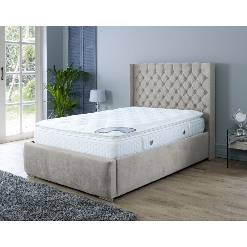 Nylasor Velvet Beige Buttoned Headboard 3ft Ottoman Bed